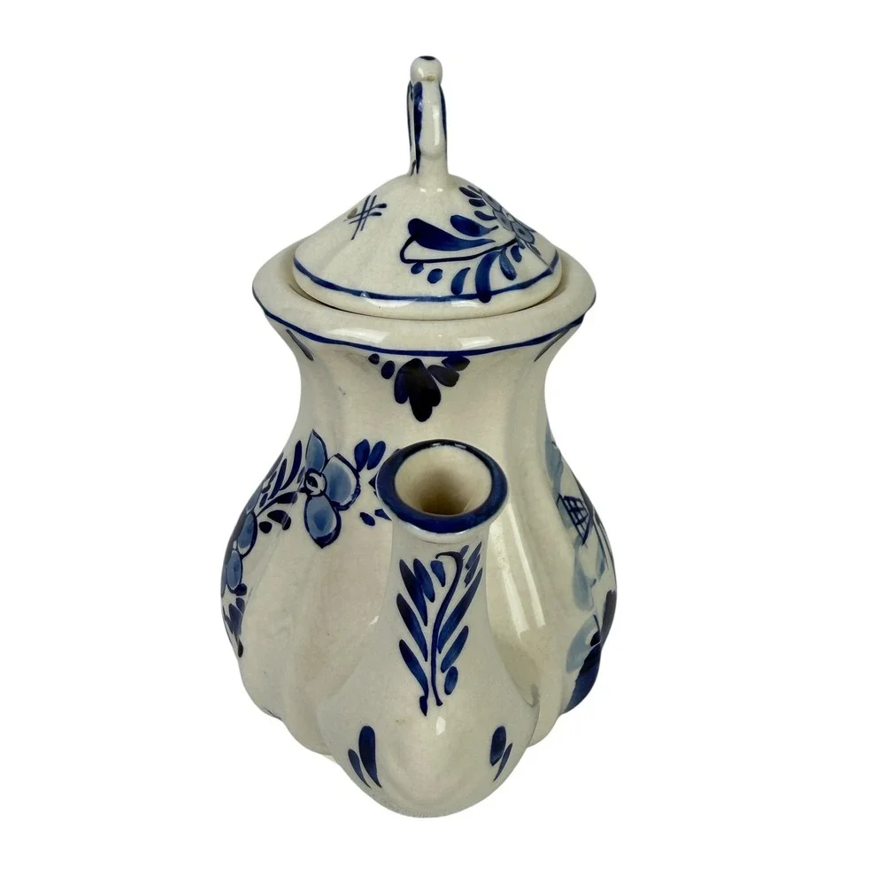 Delft Blue Handpainted Ceramic Teapot Windmill Floral Blue White Dutch Pottery‎